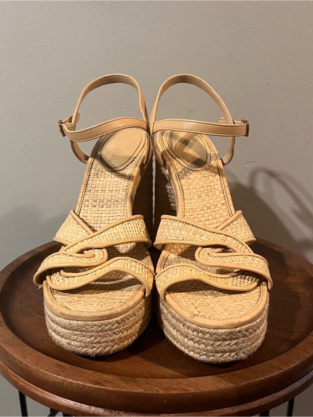 Coach Natural Woven Platform Ankle-Strap Sandals Worn Once